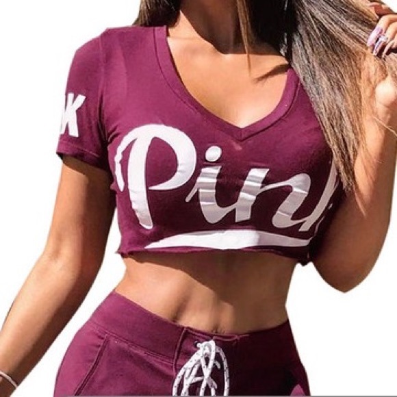 PINK Victoria's Secret Tops - Victorias Secret PINK Maroon Crop Top V-neck Shirt